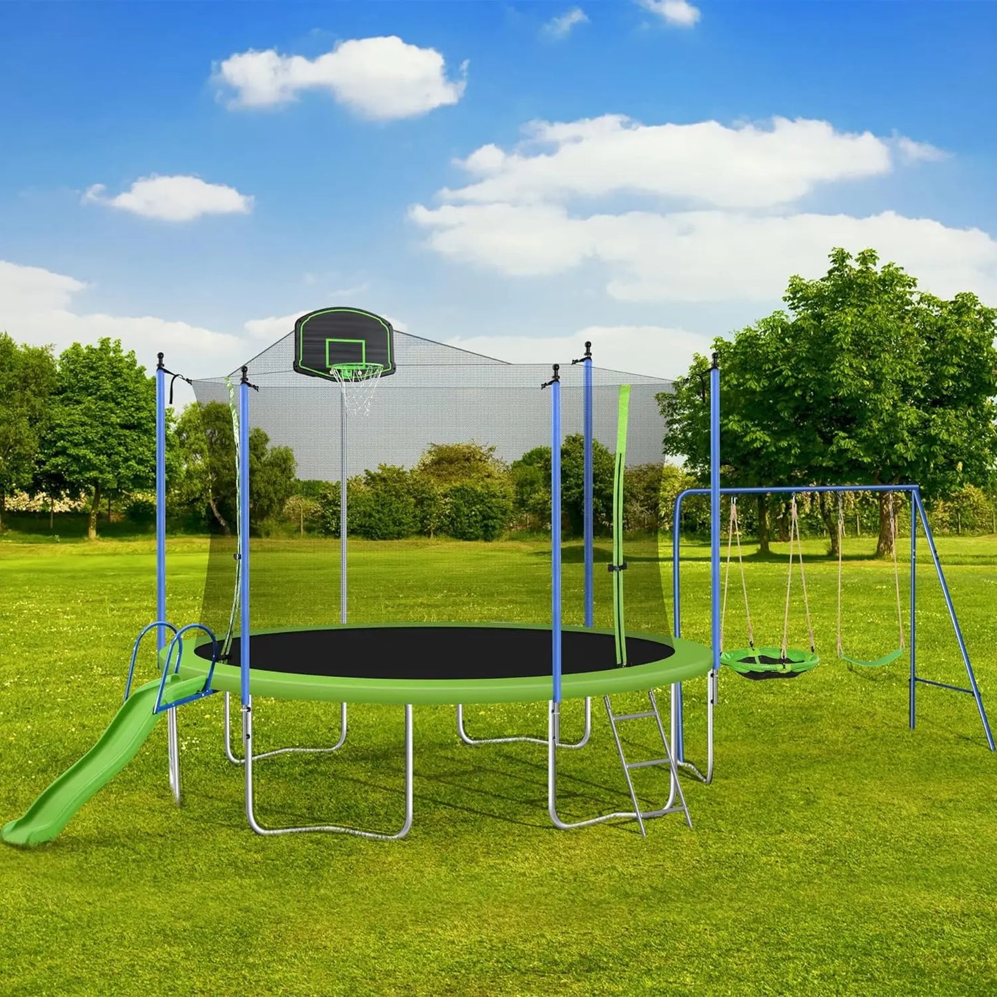 FT Trampoline Trampolines with Basketball Hoop,with Slide and Swings,Outdoor Trampoline with Safety Enclosure Net and Ladder,