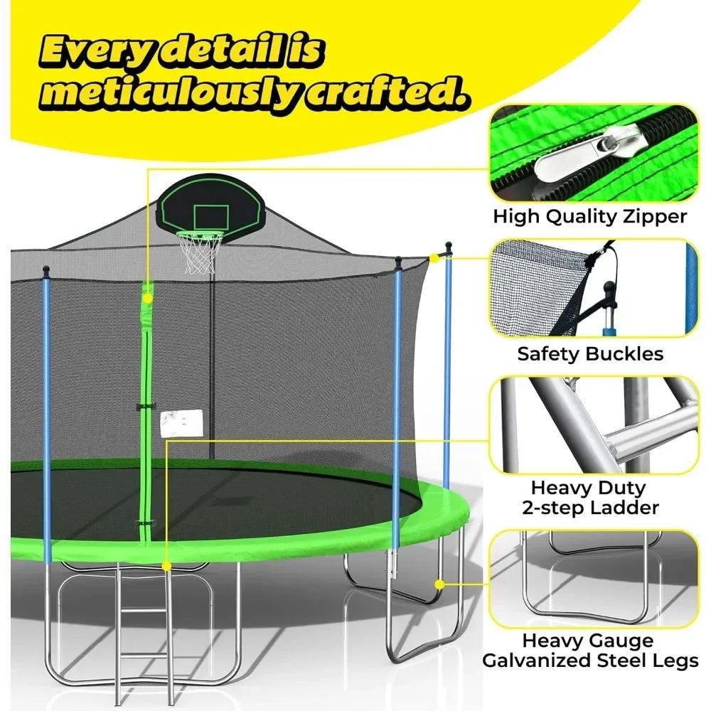 14FT Outdoor Trampoline with Swing, Slide, Basketball Hoop, Safety Enclosure and Ladder,  for Kids and Adults