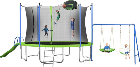 FT Trampoline Trampolines with Basketball Hoop,with Slide and Swings,Outdoor Trampoline with Safety Enclosure Net and Ladder,